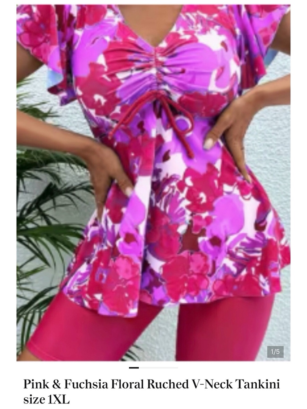 Pink & Fuchsia Floral Ruched V-Neck Tankini Top - Brand: 1XL